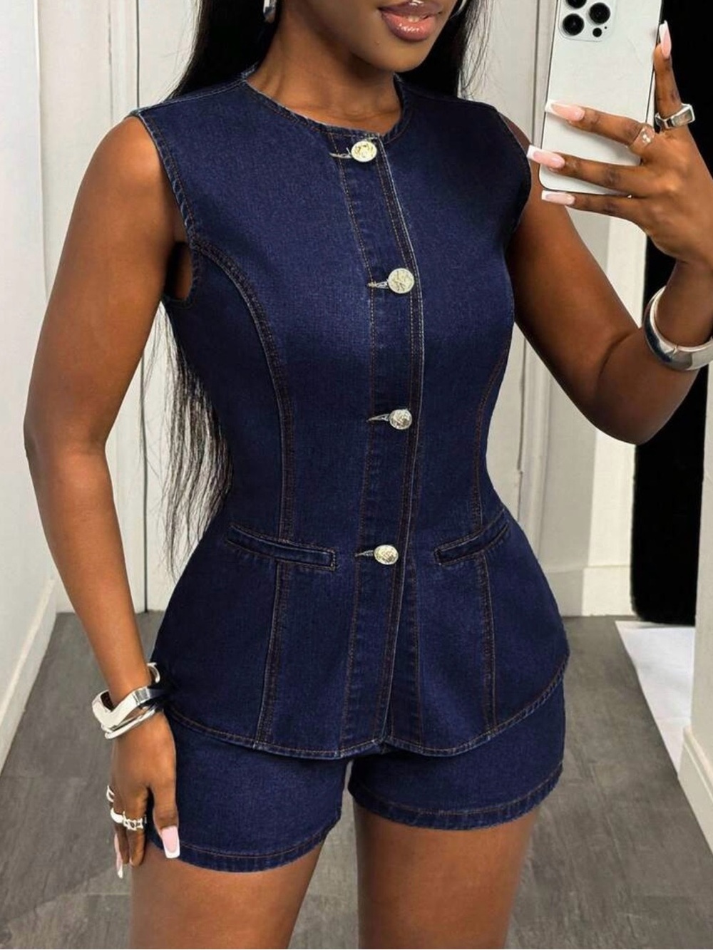 Sleeveless Dark Blue Denim Button-Up & Shorts Set